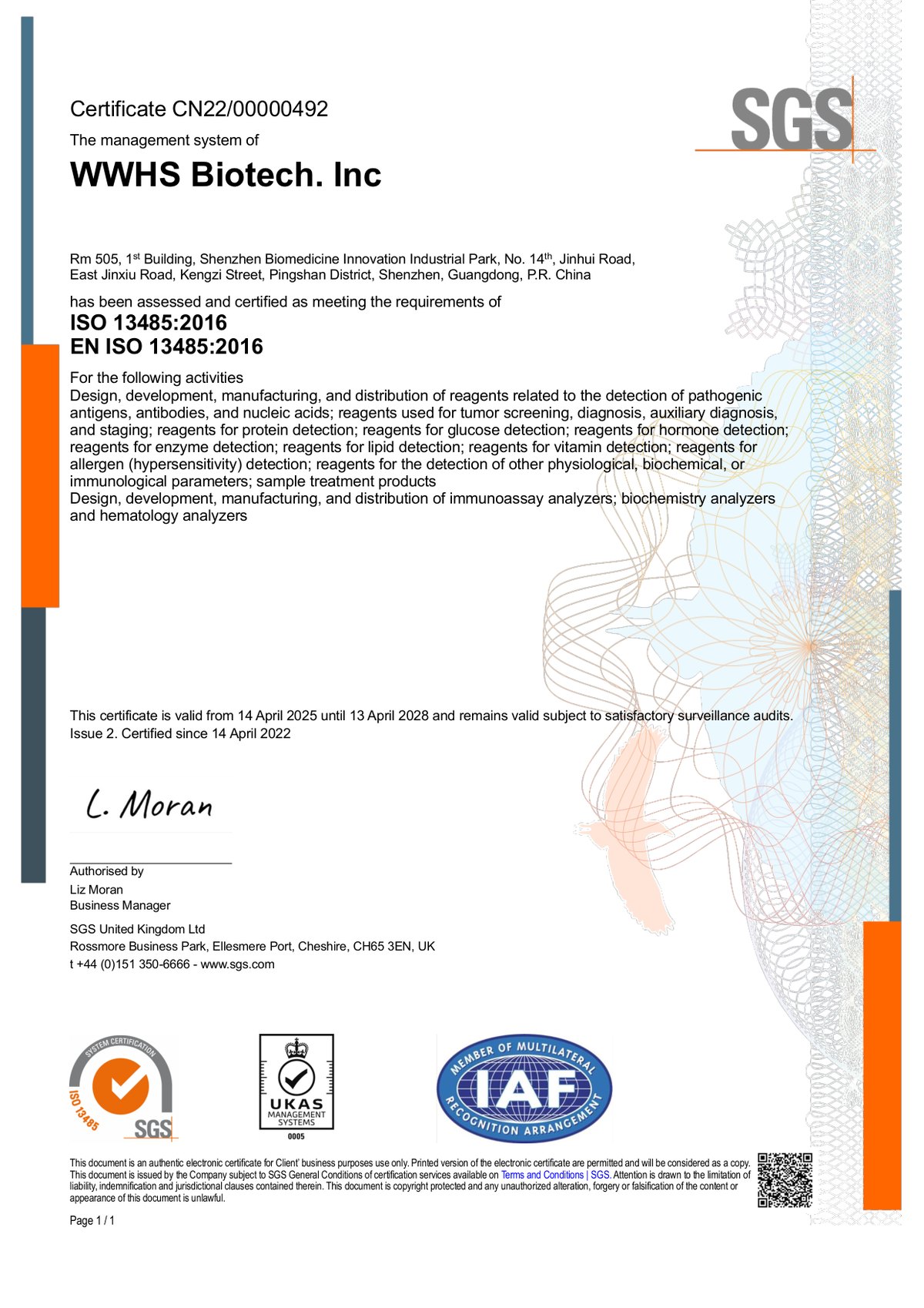 ISO 13485 medical device quality management system certificate